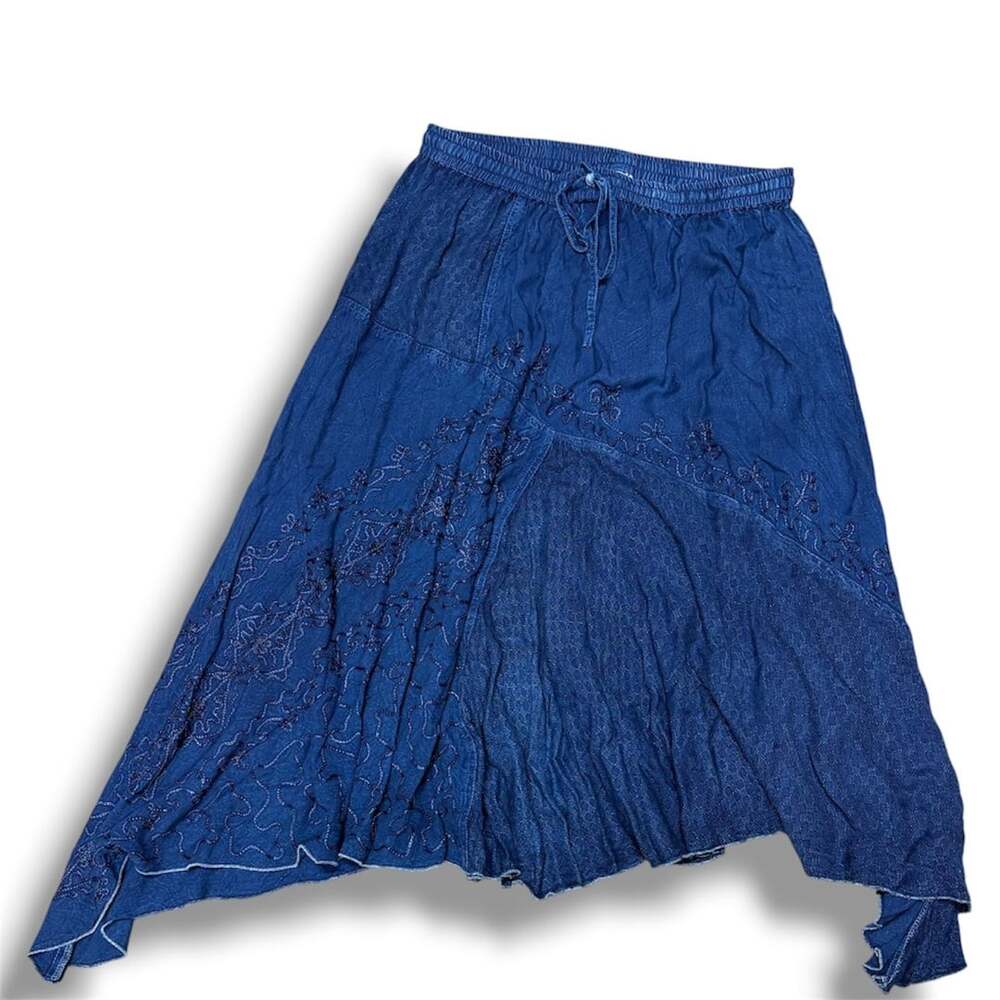 Blue embroidered cotton maxi skirt with elastic waist and drawstring
